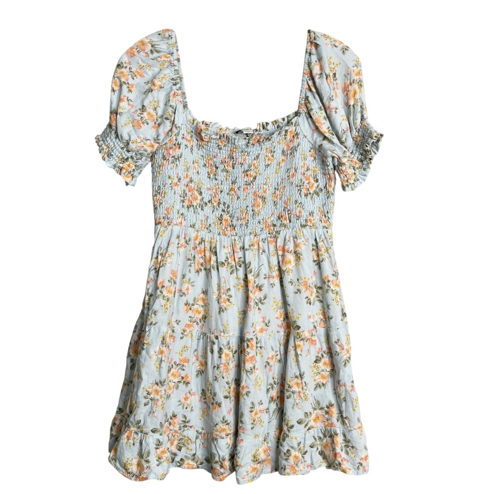 AE Picnic Pretty Puff Sleeve‎ Babydoll Dress Womens XS Light Blue Floral Ditsy